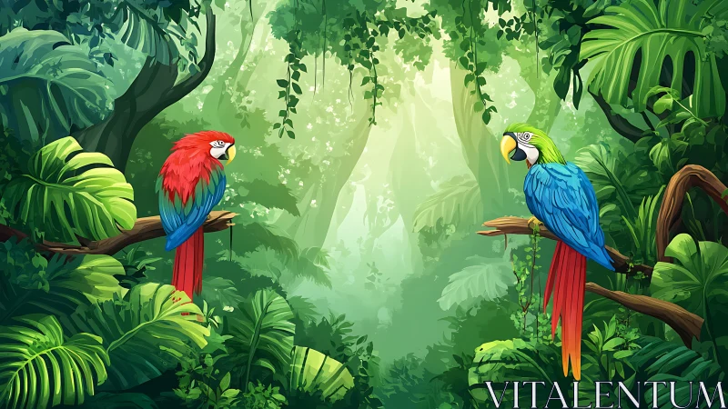 Colorful parrots perch on jungle branches in dense rainforest
