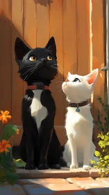 Two Cats Gazing at Sunset Behind Rustic Wooden Door