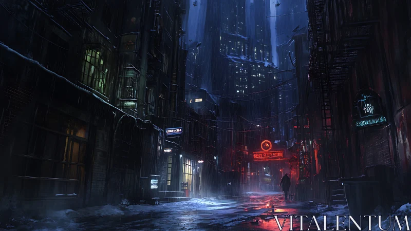 Rain-soaked neon alleyway with looming cyberpunk high-rises.