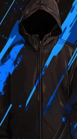 Hooded jacket silhouette with blue abstract digital streaks.