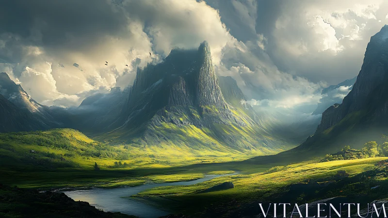 Sunlit valley encircles towering spire peaks under storm clouds
