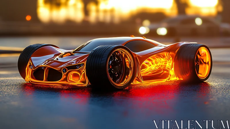 Futuristic molten-metal supercar glows on wet city street.