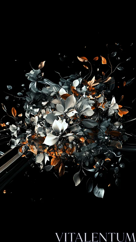 Luminous metallic blossoms swirling through velvet night.