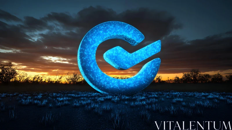 Glowing Futuristic Symbol in a Digital Landscape at Sunset.