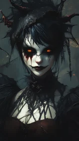Gothic demoness portrait with ember eyes and webbed lace.
