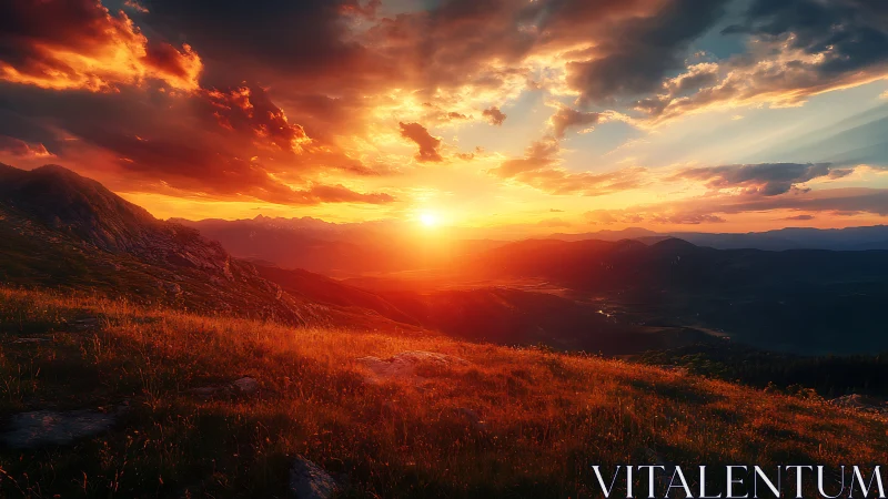 Fiery mountain sunset ignites sweeping alpine valley sky