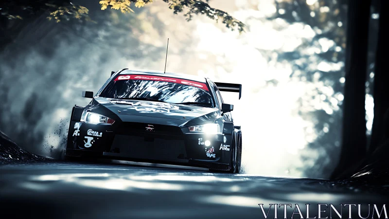 Aerodynamic GT race car cornering through high-contrast forest.