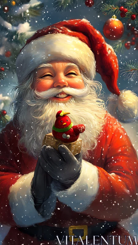 Joyful Santa gently cradles a tiny festive bird gift