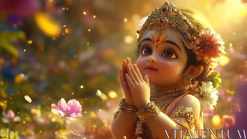Divine child in prayer glows amid dreamy floral light