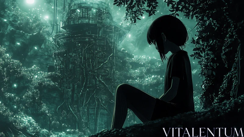 Quiet child watching a glowing forest machine dreamily.