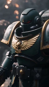 Grim emerald war-knight in gilt skullborne power armor.