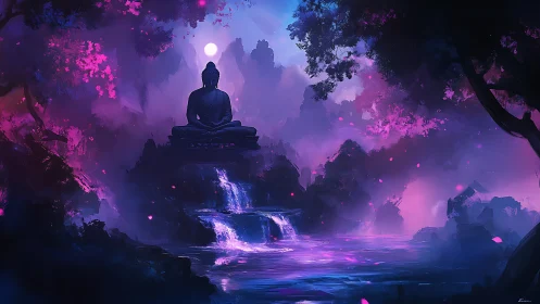 Luminescent zen cascade with silhouetted meditative statue.