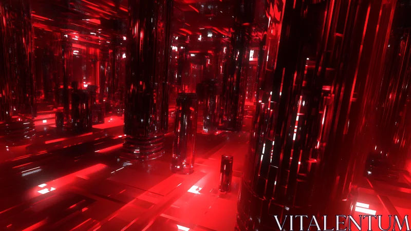 Red reflective pillars form glowing digital corridor
