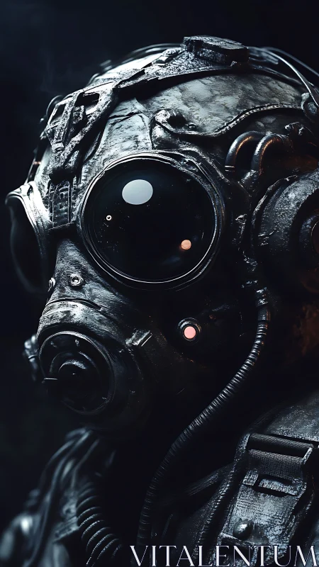 War-torn cyber soldier in corroded respirator armor.