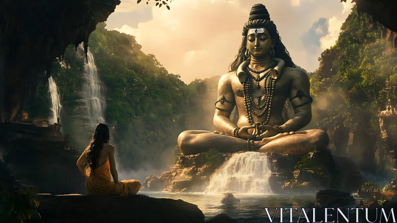 Digital render shows large meditative statue in waterfall valley