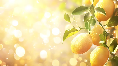 Lemon branch under bokeh-illuminated diffuse golden light.