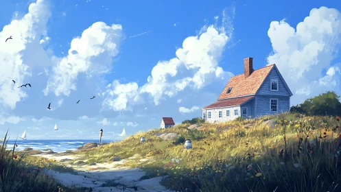 Coastal House on Hillside with Ocean View.