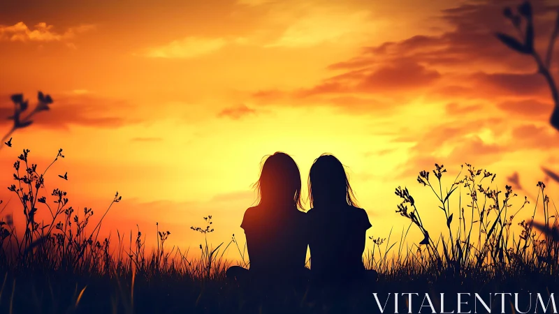 Silhouetted figures observe a vivid orange sunset horizon