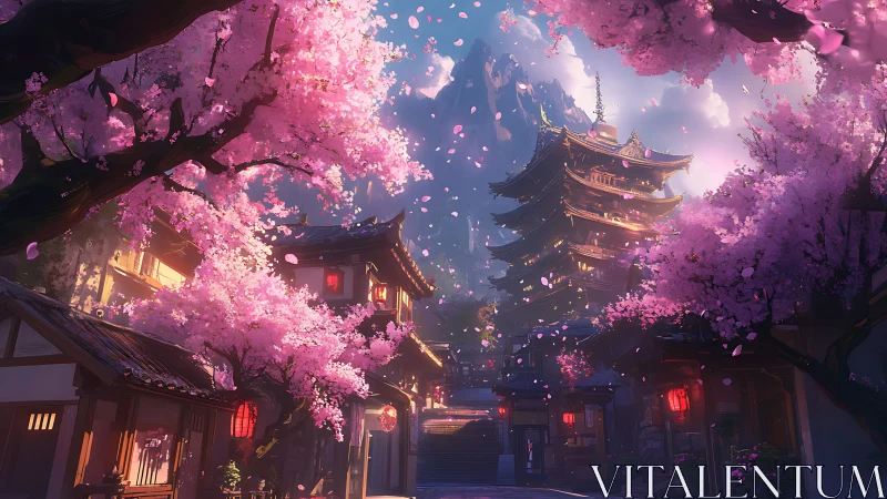 Pagoda courtyard with cherry blossoms under mountain light.