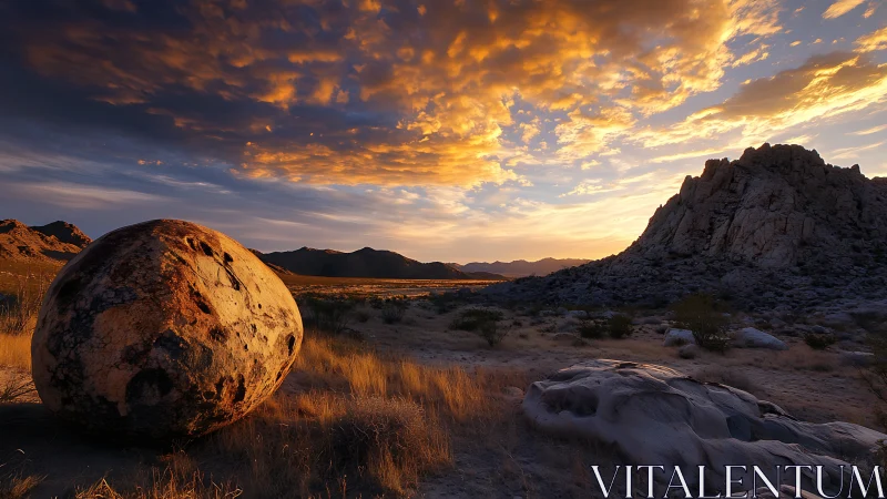 Sunlit desert boulder anchors expansive dusk canyon vista