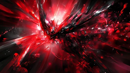 Shattered crimson energy erupts in a high-impact digital blast
