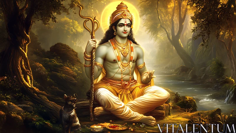 Divine ascetic figure meditates beside luminous forest river