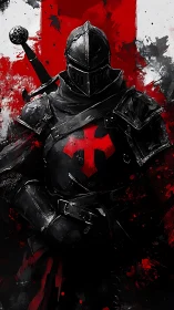 Armored crusader stands before blood red cross banner