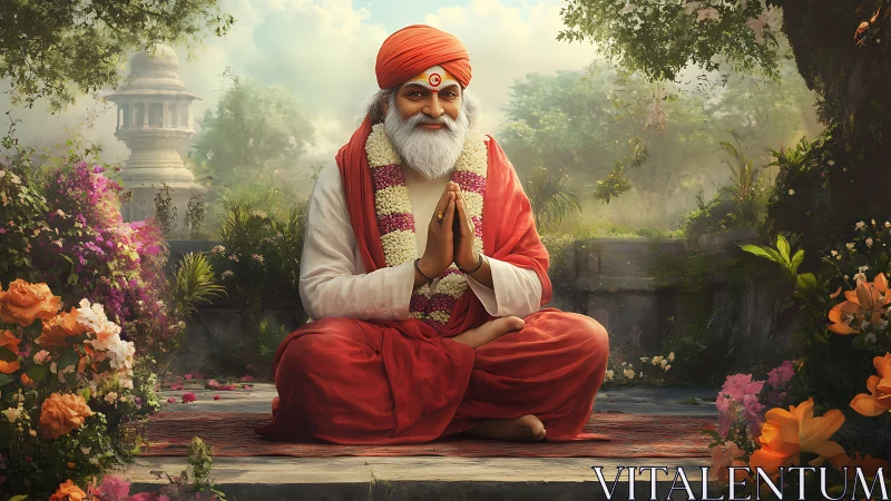 Serene spiritual guru meditates in a lush flower garden