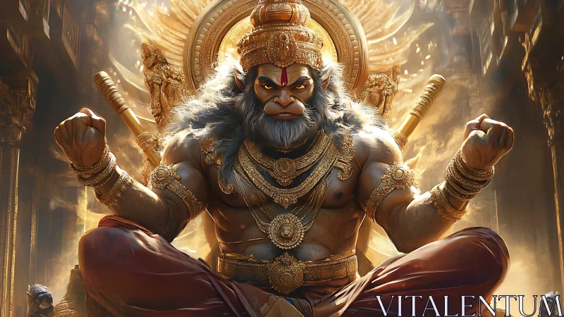 Seated anthropomorphic warrior figure occupies ornate interior space