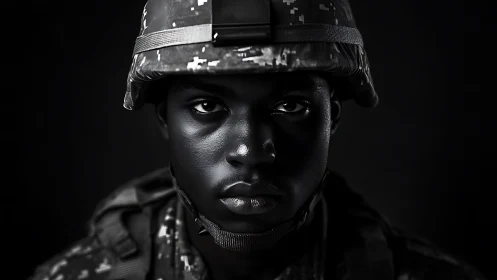 Steady gaze of a young soldier in stark monochrome light.