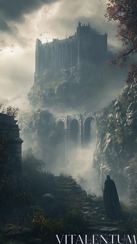 Lone traveler approaches a mist shrouded cliffside citadel at dusk