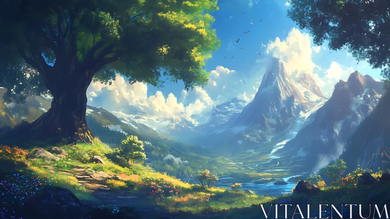 Luminous alpine valley with monumental tree and snow peaks.