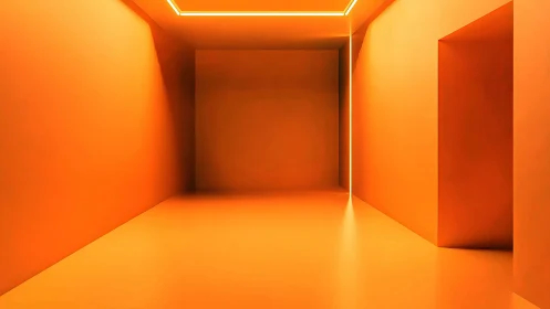 Monochromatic orange interior with recessed doorway and strip lighting