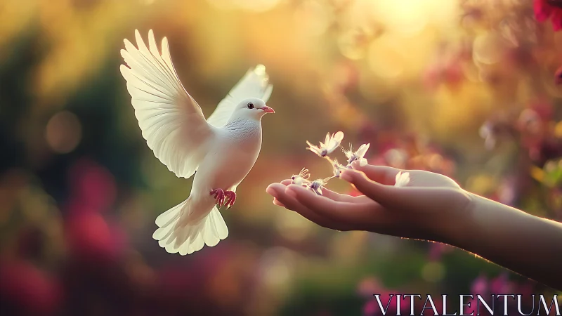 Luminous dove meets petal-offering hands at golden dusk.