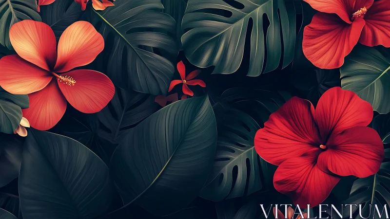 Lush red hibiscus blooms rest against deep tropical leaves.