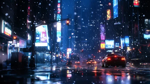 Neon snowflakes chase a lone taxi through midnight avenues