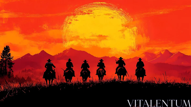 Cowboy silhouettes ride toward a vivid red western sunset.