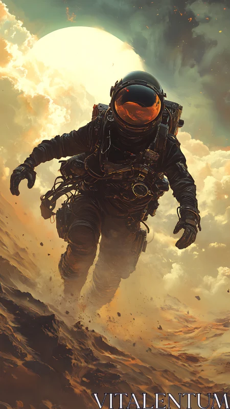 Solitary astronaut traverses windswept alien desert terrain