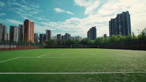 Urban football pitch framed by high-rise residential towers.