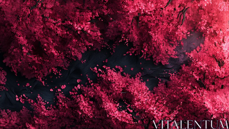 Cherry blossom canopy frames a dark, dreamy winding river