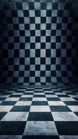 Curved black and white checkerboard room perspective.