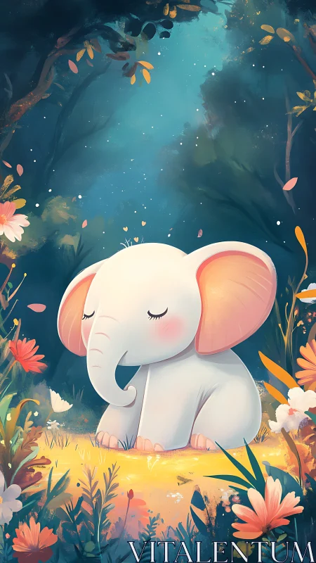 Gentle baby elephant rests in a glowing forest meadow