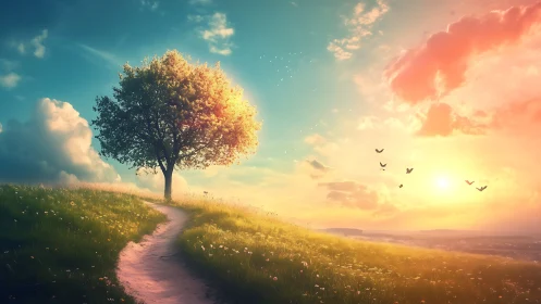 Serene tree on grassy hill at sunrise, dreamy landscape art.