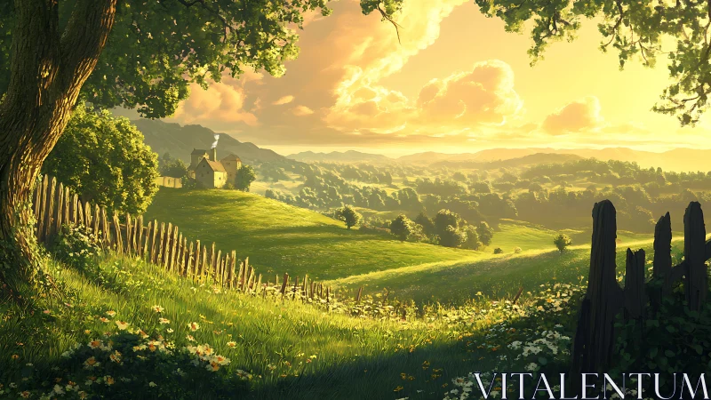 Sunlit country valley with cottage and golden rolling hills.