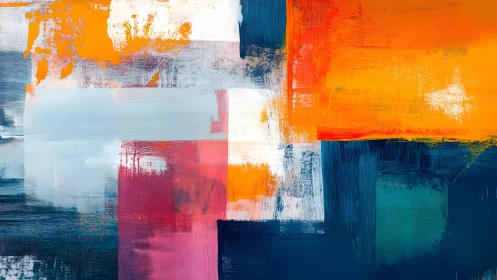 Bold Abstract Painting with Vibrant Orange and Blue Blocks.