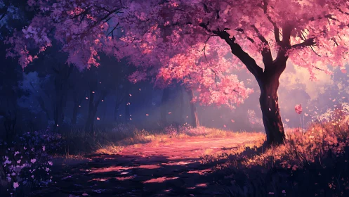 Digital painting of sunlit cherry grove with petal-strewn path.