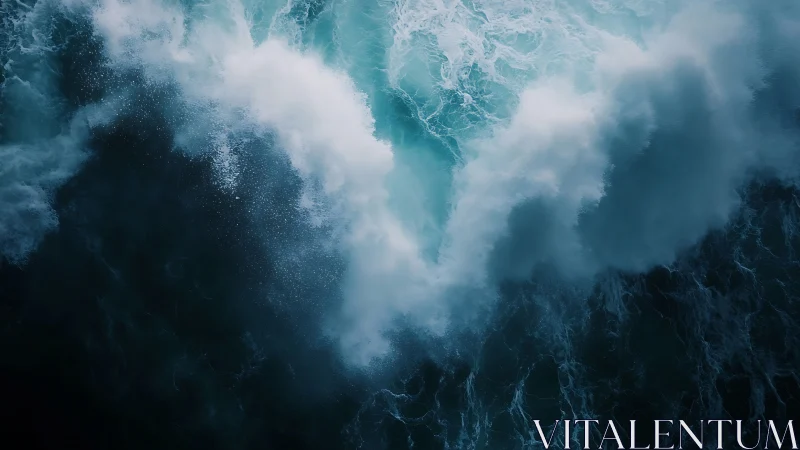 Roaring teal ocean wave crashes in a dramatic aerial view