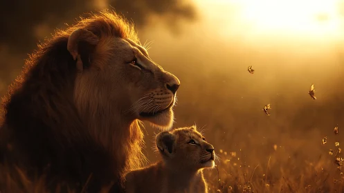 Adult lion and cub in golden hour savanna light.