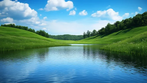 Tranquil river winding through vivid summer grasslands.