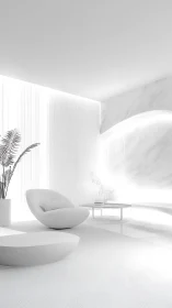 Minimalist white lounge bathed in soft diffused daylight.